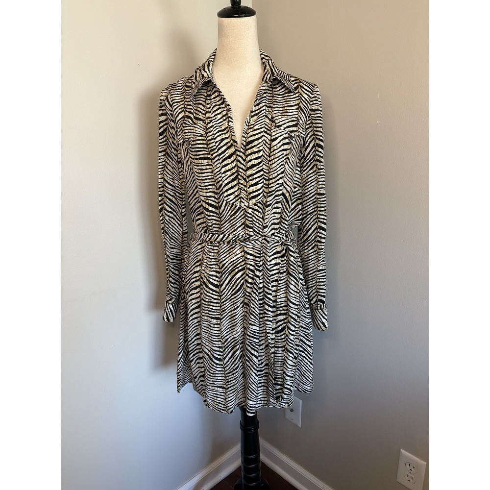 Planet 100% Silk Tiger Zebra Print Shirt Dress UK 10 US 6/8 Jacques Vert Belted